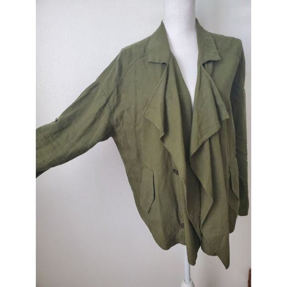 Love Tree army green linen blend shawl collar jacket womens L flowy fall - Picture 9 of 10